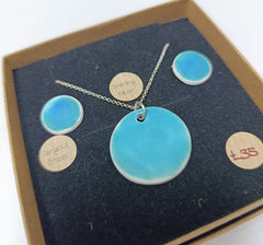 Sea blue circle necklace with matching stud earrings