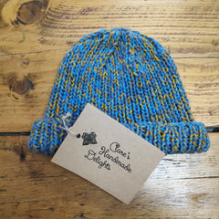 Hand knitted beanie hat - blue and ochre