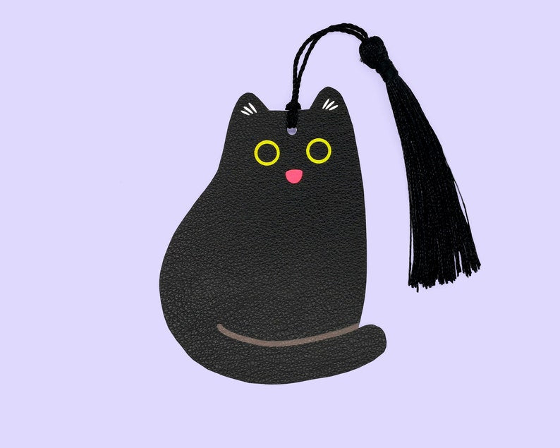 Black cat faux leather bookmark