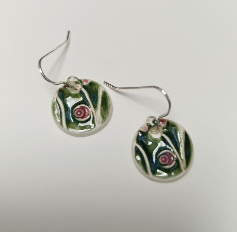 Ceramic circle drop earrings - white, green & pink abstract design