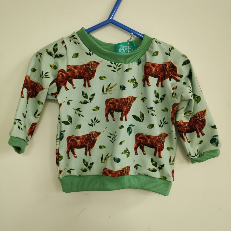 Long sleeved baby/child t-shirt - Highland Cows on mint background (0-6 months or 6-12 months)
