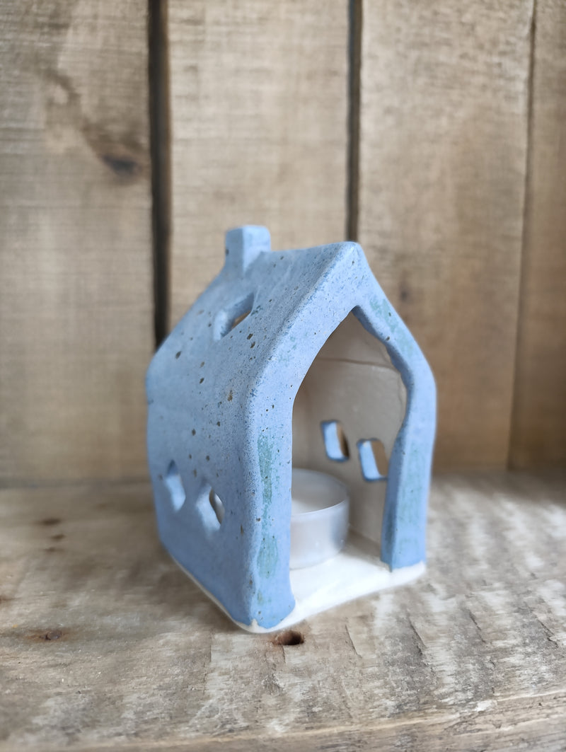 Ceramic house tealight holder - matte denim blue