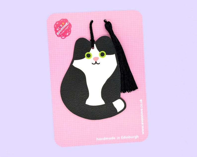 Black & white cat faux leather bookmark
