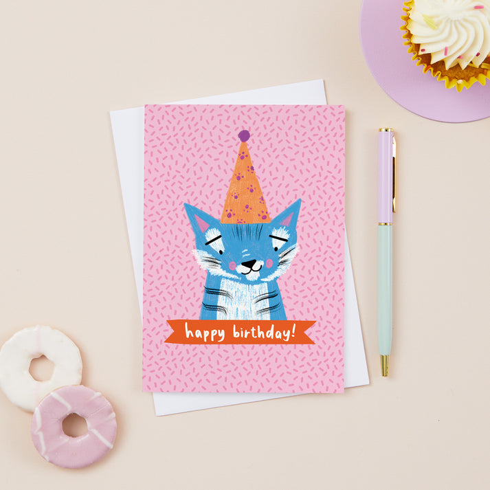 Happy birthday party hat tiger card