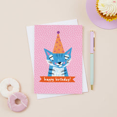 Happy birthday party hat tiger card