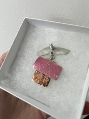 Unique copper, pink aluminium and sterling silver pin 'medal' style brooch