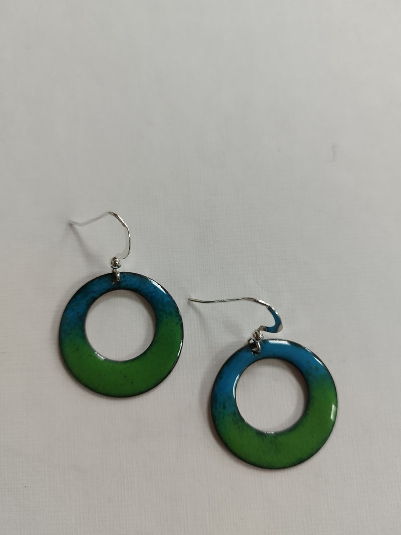 Enamelled green & blue ombre 'landscape' ring earrings