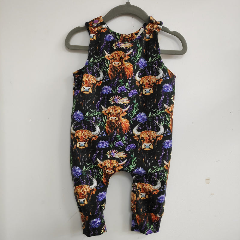 Romper suit - dark green highland cow & thistles print (different sizes available)