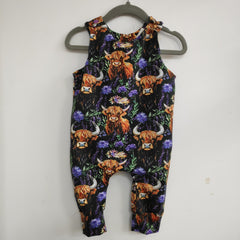 Romper suit - dark green highland cow & thistles print (different sizes available)