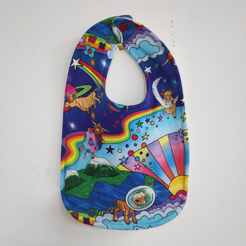 Traditional style bib - Highland cows with clouds and rainbows