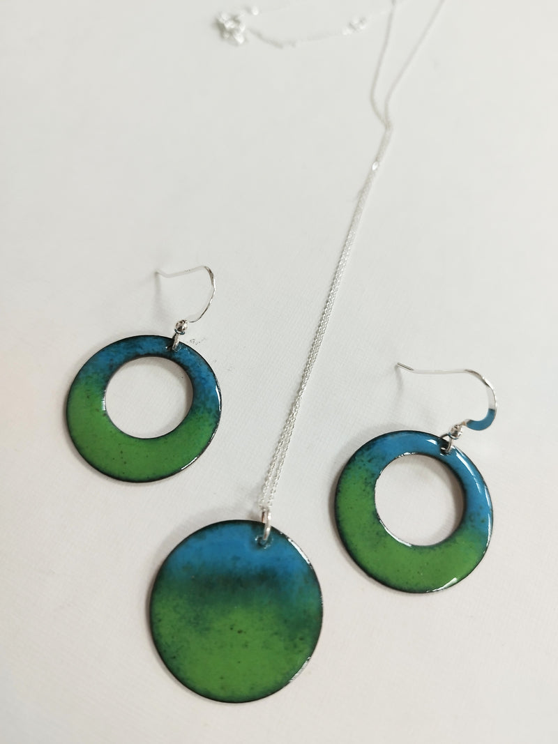 Enamelled green & blue ombre 'landscape' ring earrings