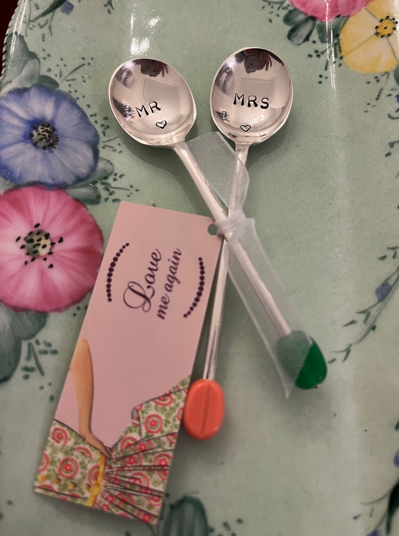 'Mr & Mrs' hand stamped vintage coffee spoons boxed set