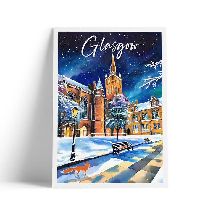 Glasgow University snowy A4 travel poster print