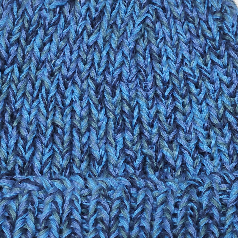 Hand knitted beanie hat - blue and ochre