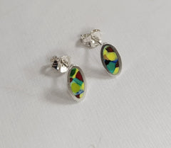 Sterling silver & enamel oval studs - mosaic greens & red