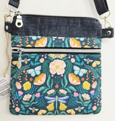 Small cross body bag - colourful flowers/insects cotton & denim