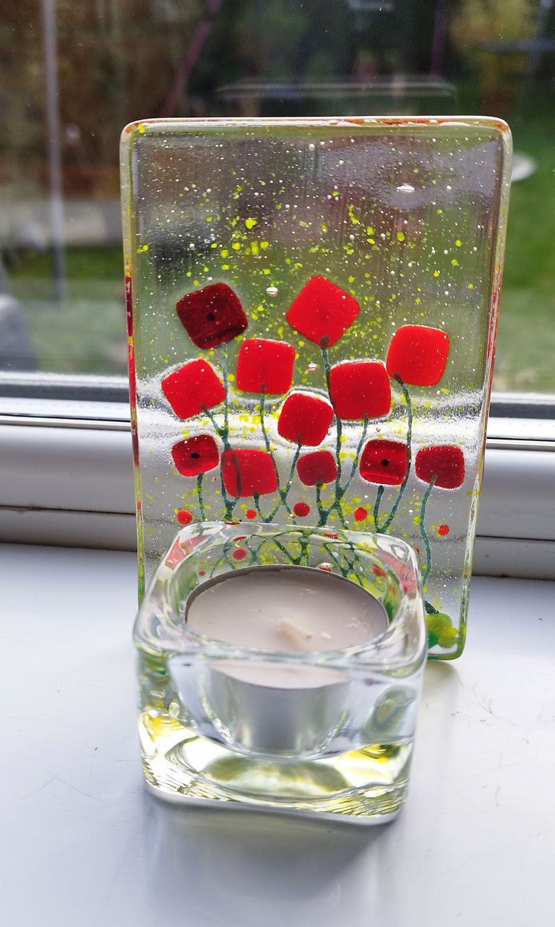 Poppy field glass tealight holder