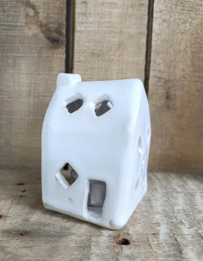 House tealight holder - white with petal & square cut-outs