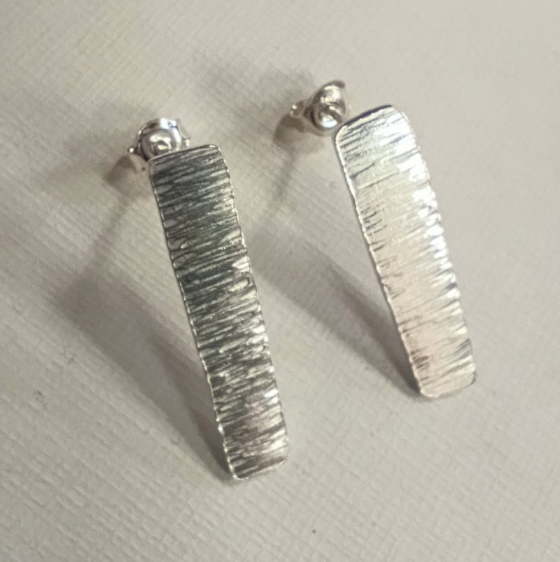 Sterling silver textured thin rectangle studs