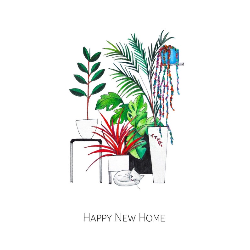 Happy new home cat and plants card