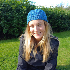 Hand knitted adult hat in Brick design - blue and te