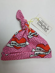 Baby knotted hat - girl power heart print