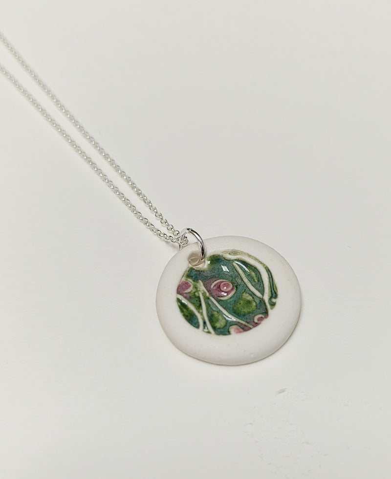 Ceramic circle necklace - white, green & pink abstract design