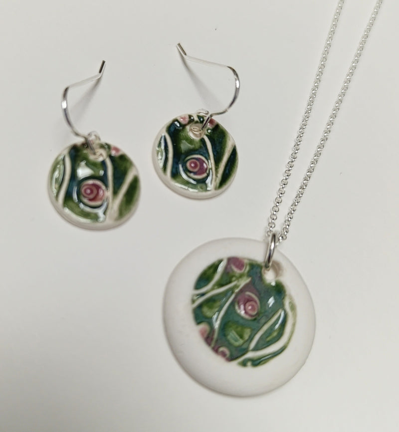 Ceramic circle necklace - white, green & pink abstract design