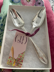 'Mr & Mrs' hand stamped vintage teaspoons boxed set