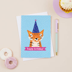 Happy birthday party hat tiger card