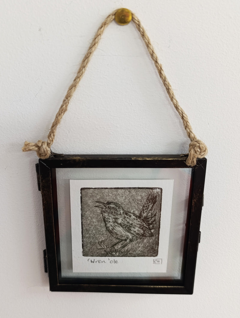 Mini framed Wren drypoint print