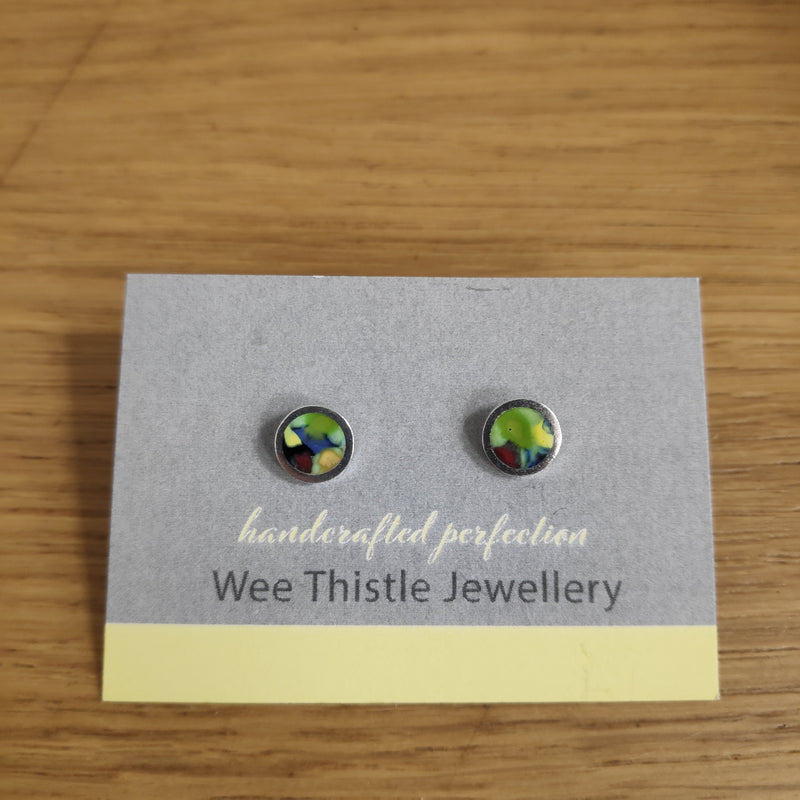 Sterling silver & enamel colourful studs - mosaic greens and red