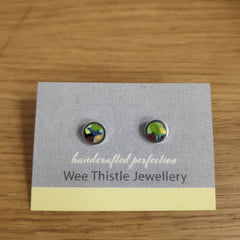 Sterling silver & enamel colourful studs - mosaic greens and red