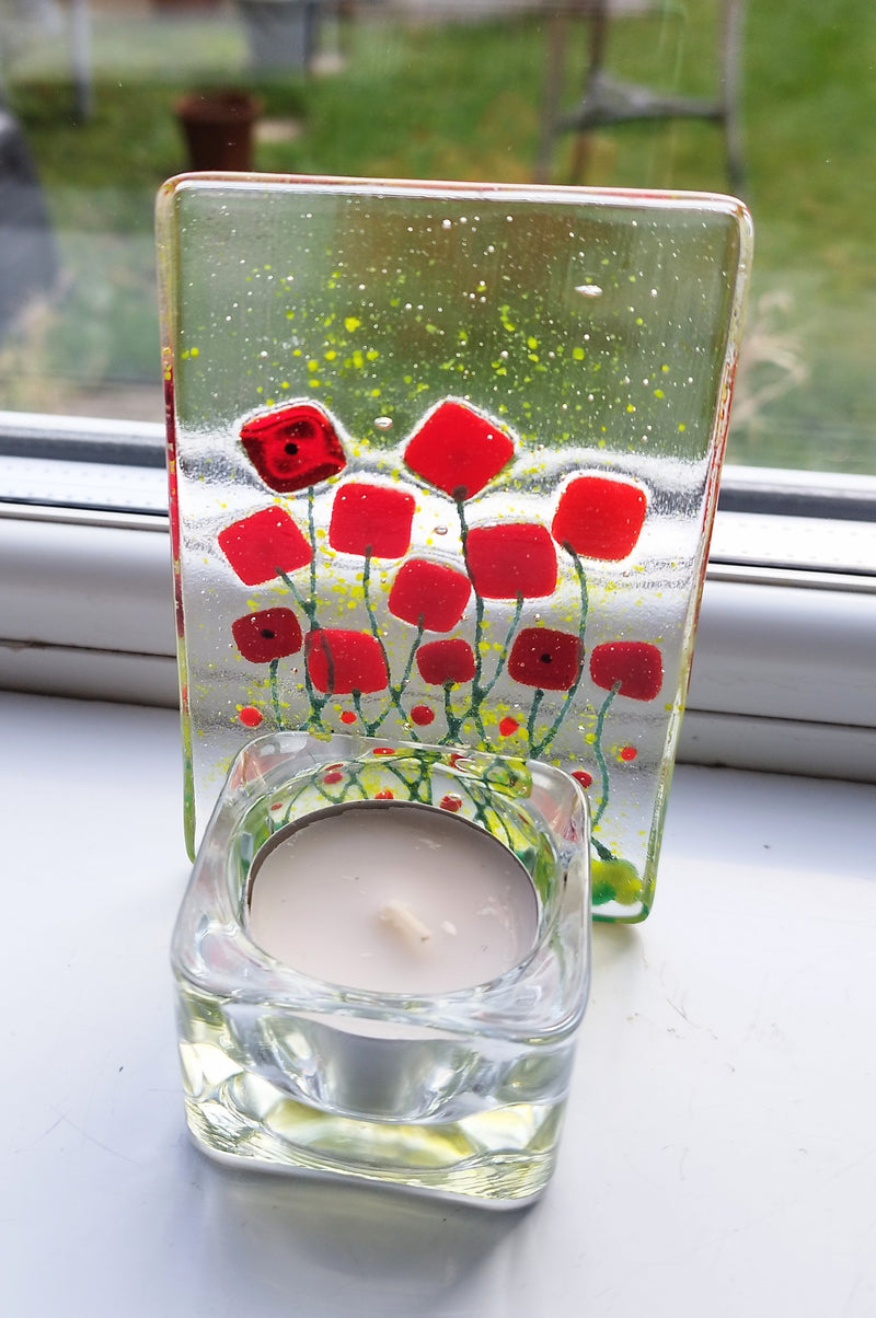 Poppy field glass tealight holder