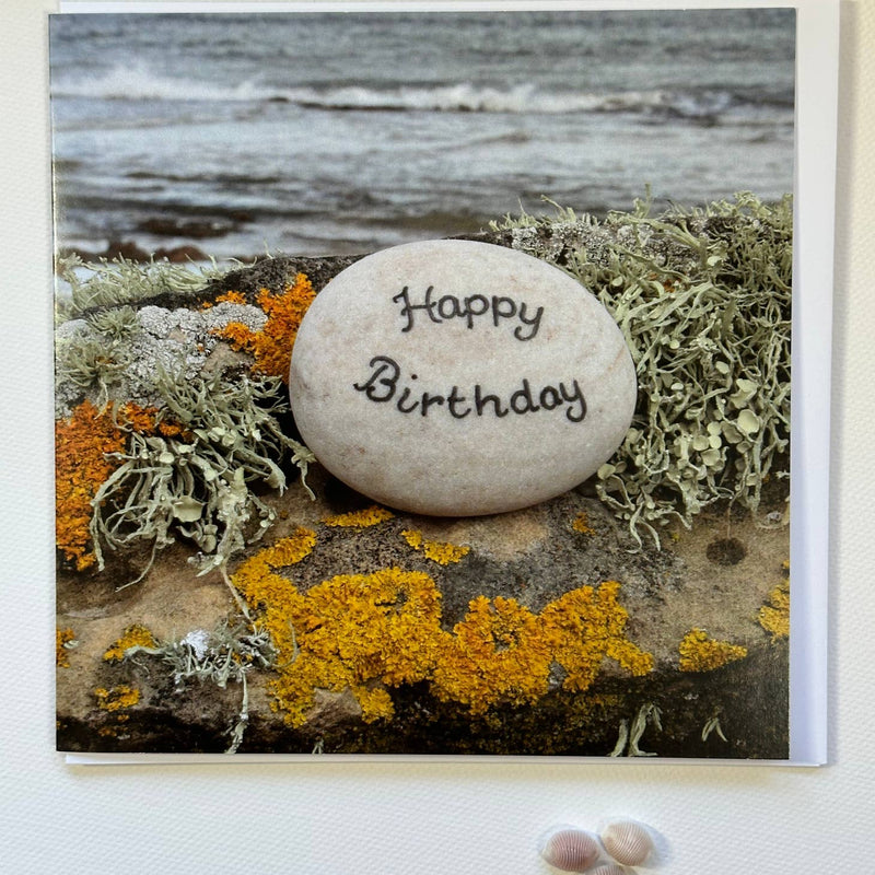 Happy birthday beach lichen pebble card