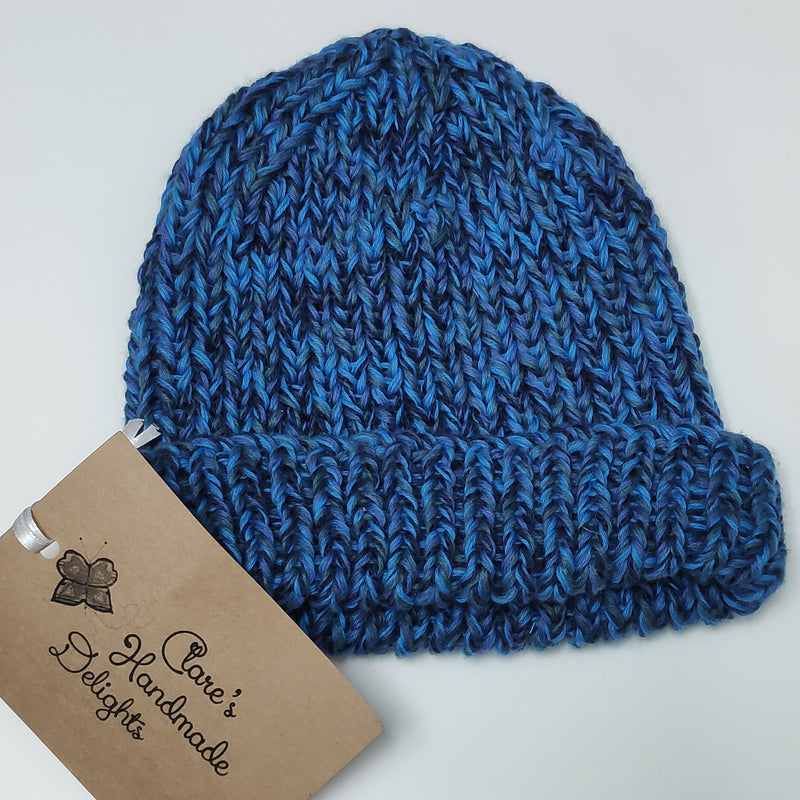 Hand knitted beanie hat - blue and ochre