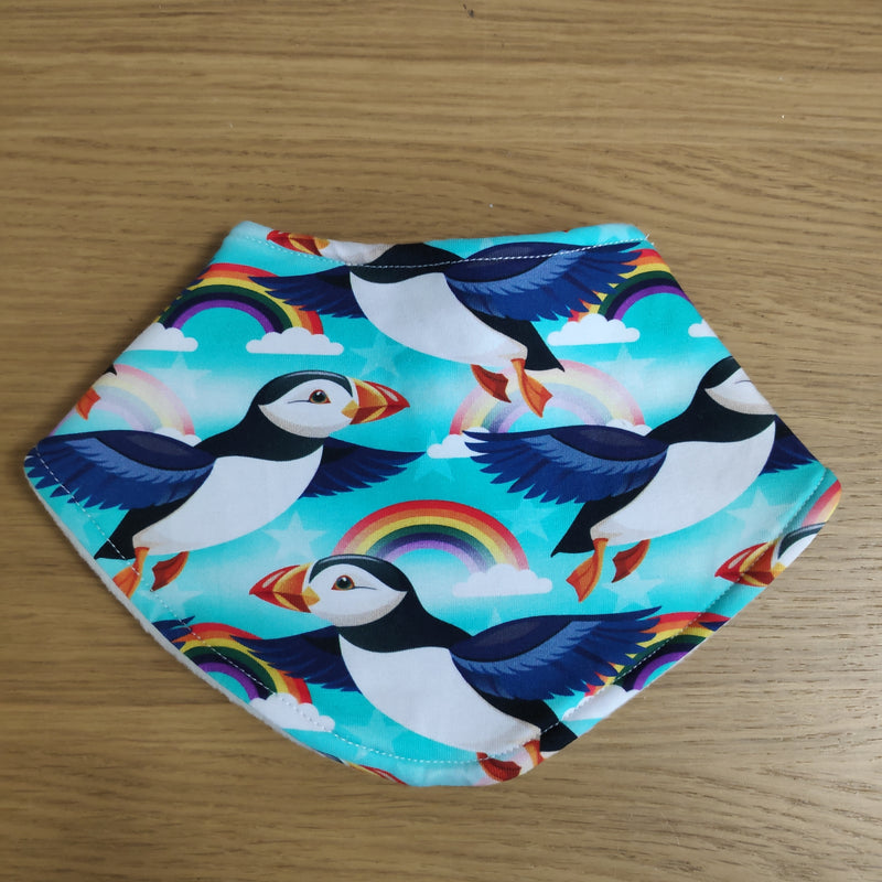 Bandana style bib - puffins & rainbows print