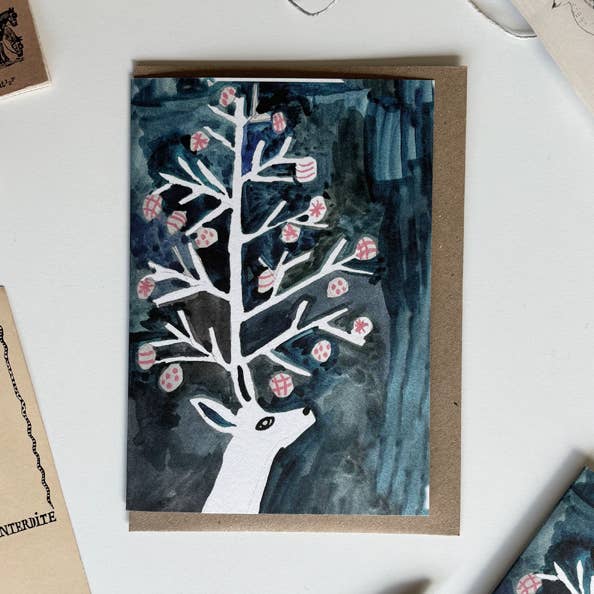 Blitzen deer with bauble antlers Christmas card