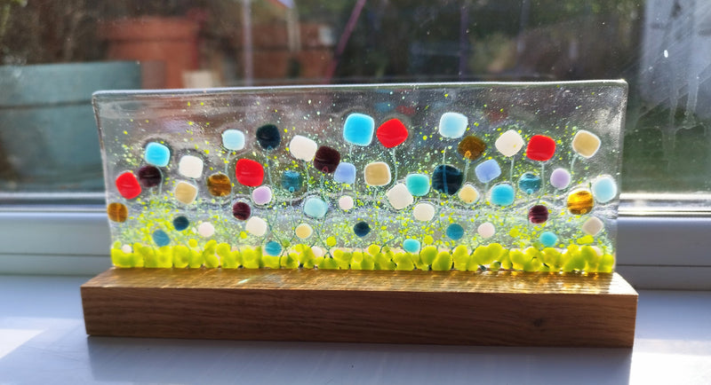Wildflower glass picture on oak base