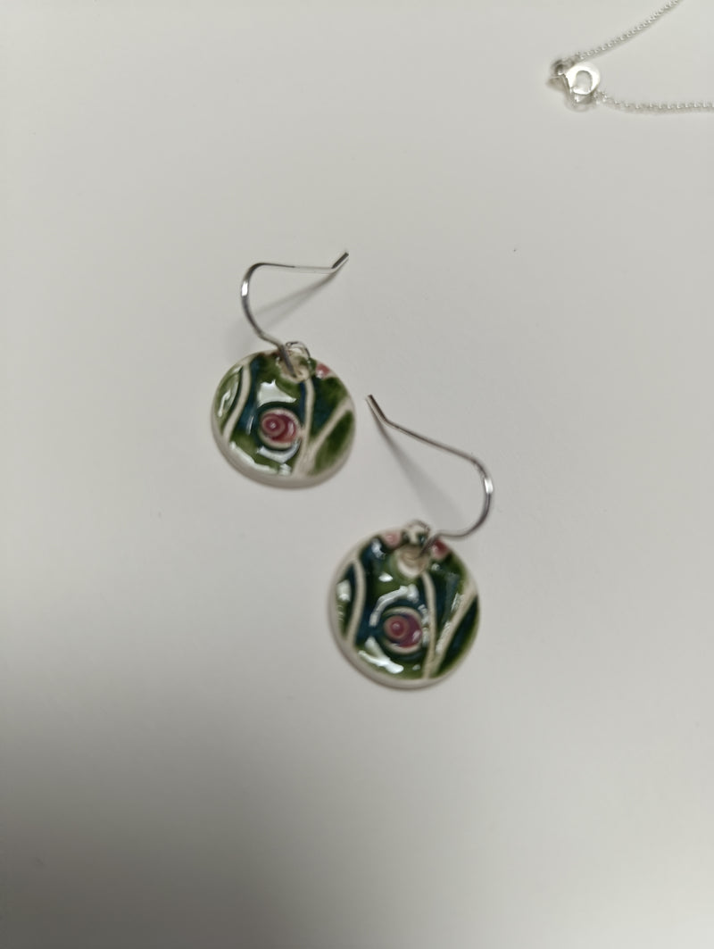 Ceramic circle drop earrings - white, green & pink abstract design