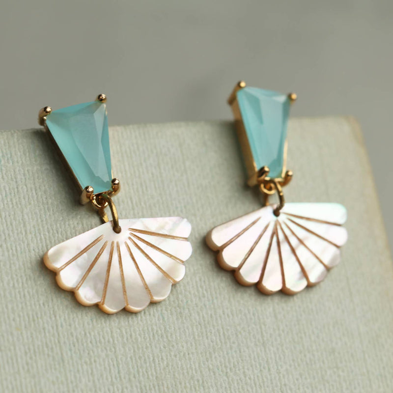 Turquoise Opal glass & Mother of Pearl Art Deco earrings