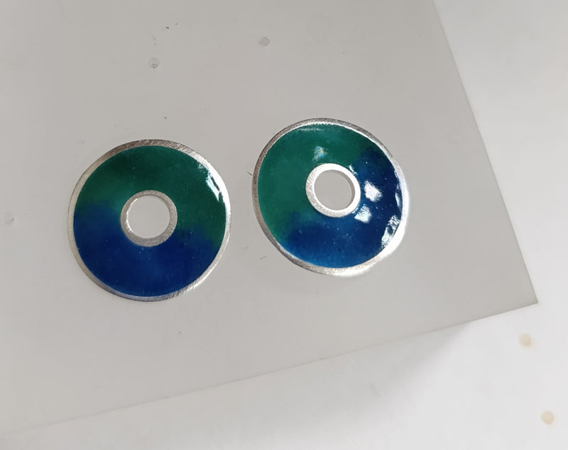 Sterling silver & enamel donut studs - green & blue