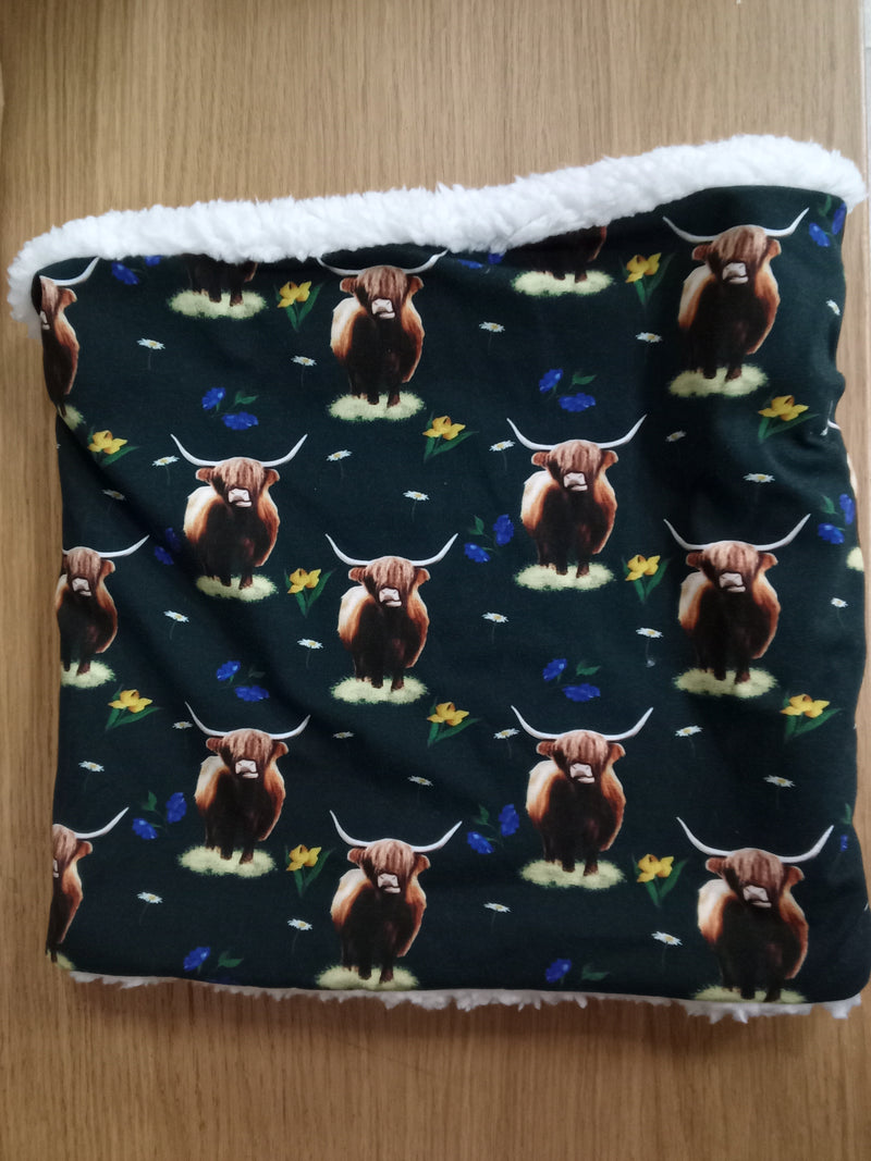 Neck warmer/snood - Highland cow on dark green print