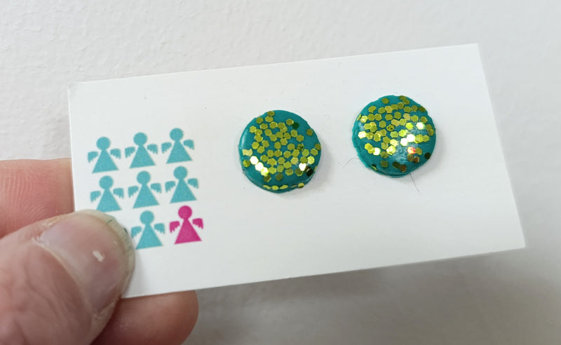 Circle polymer clay studs - jade glitter
