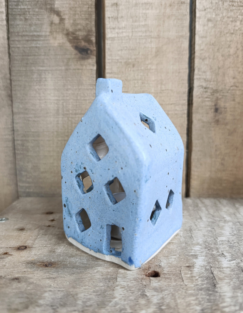 Ceramic house tealight holder - matte denim blue
