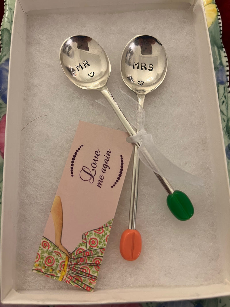 'Mr & Mrs' hand stamped vintage coffee spoons boxed set