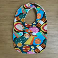 Traditional style bib - colourful space and shapes print