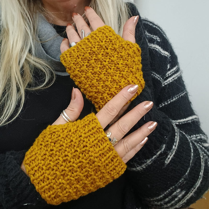 Hand knitted fingerless gloves - Bricks design
