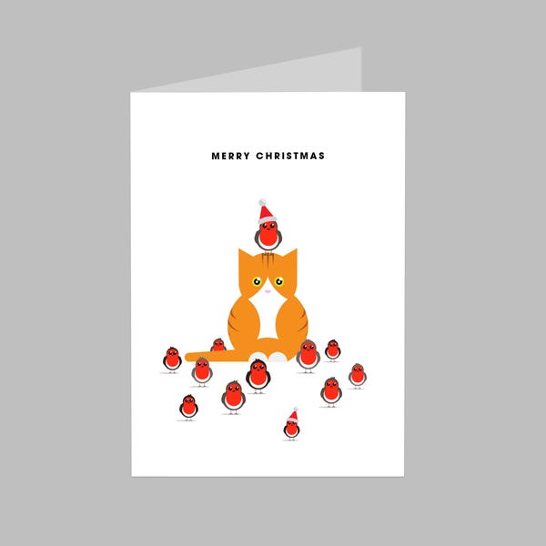 Merry Christmas cat with robins card