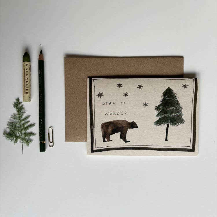 Star of Wonder bear and tree Christmas card